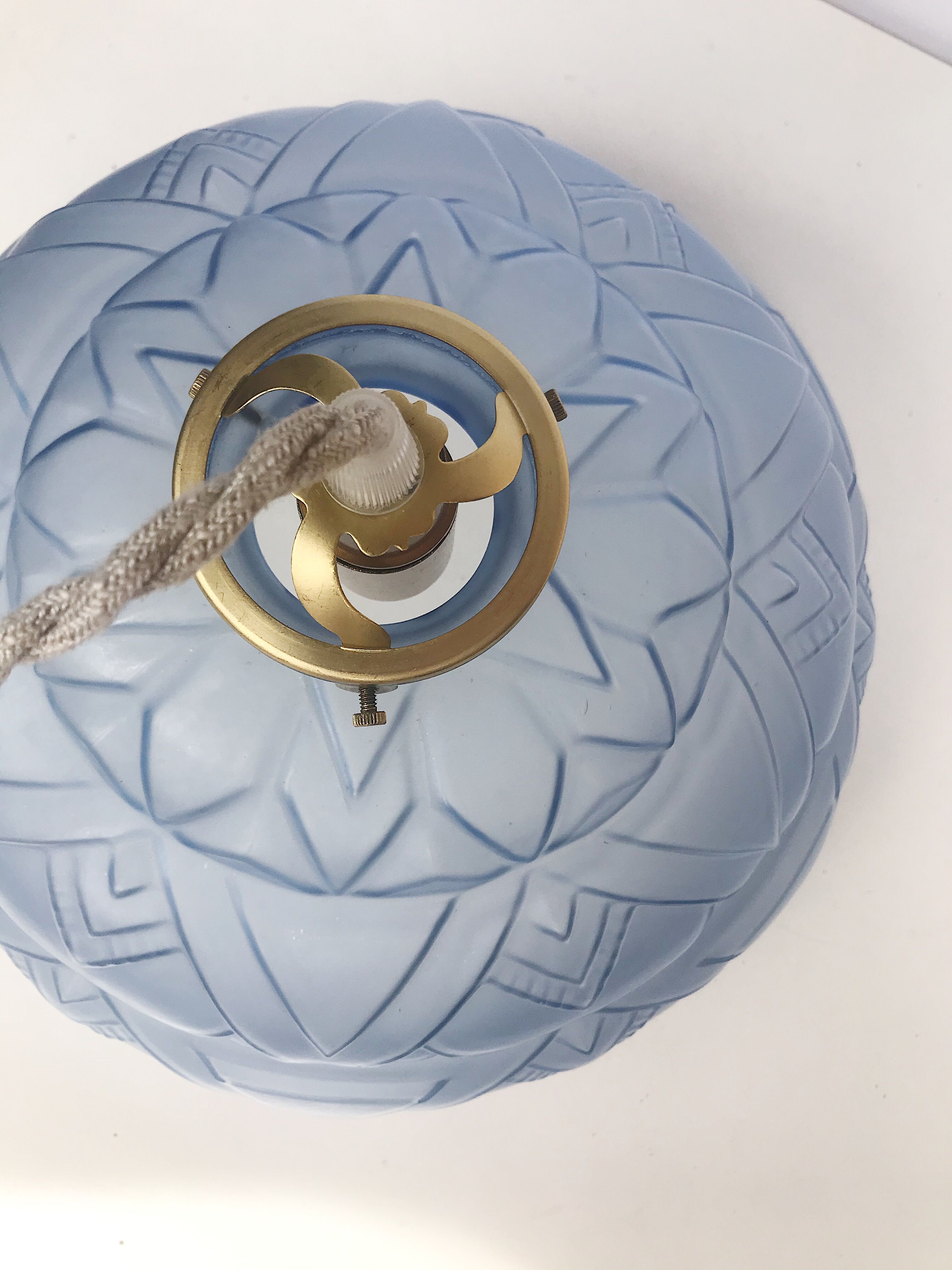 Blue Art Deco motif pendant light in pressed molded glass