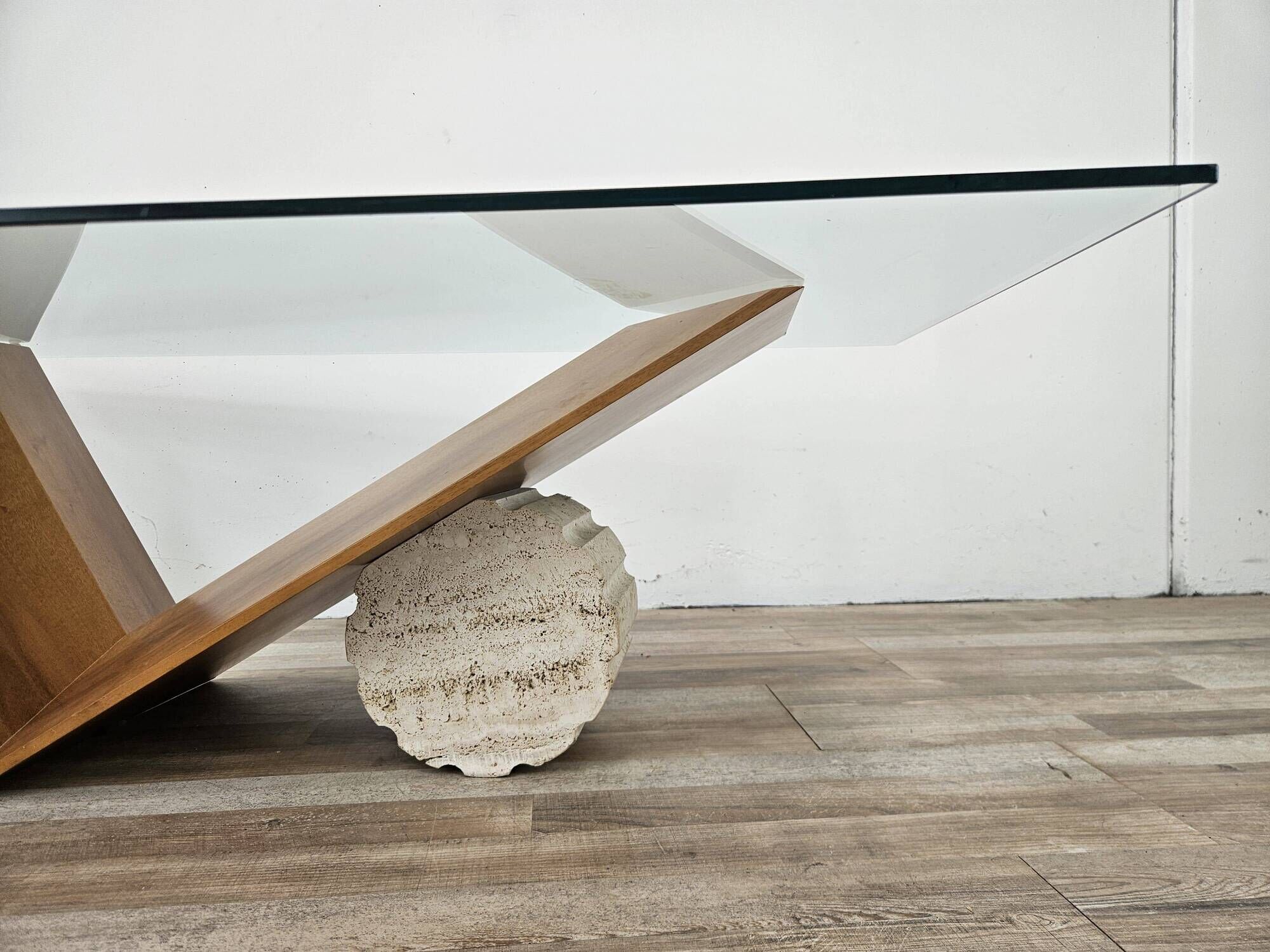 Valentino coffee table by Cattelan Italia in glass, wood, and travertine
