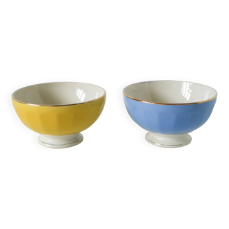 Pair of pastel yellow and sky blue bowls from Moulin des Loups, 1950