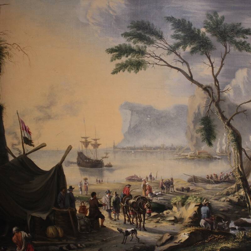 17th century Flemish painting, large landscape with sailing ships