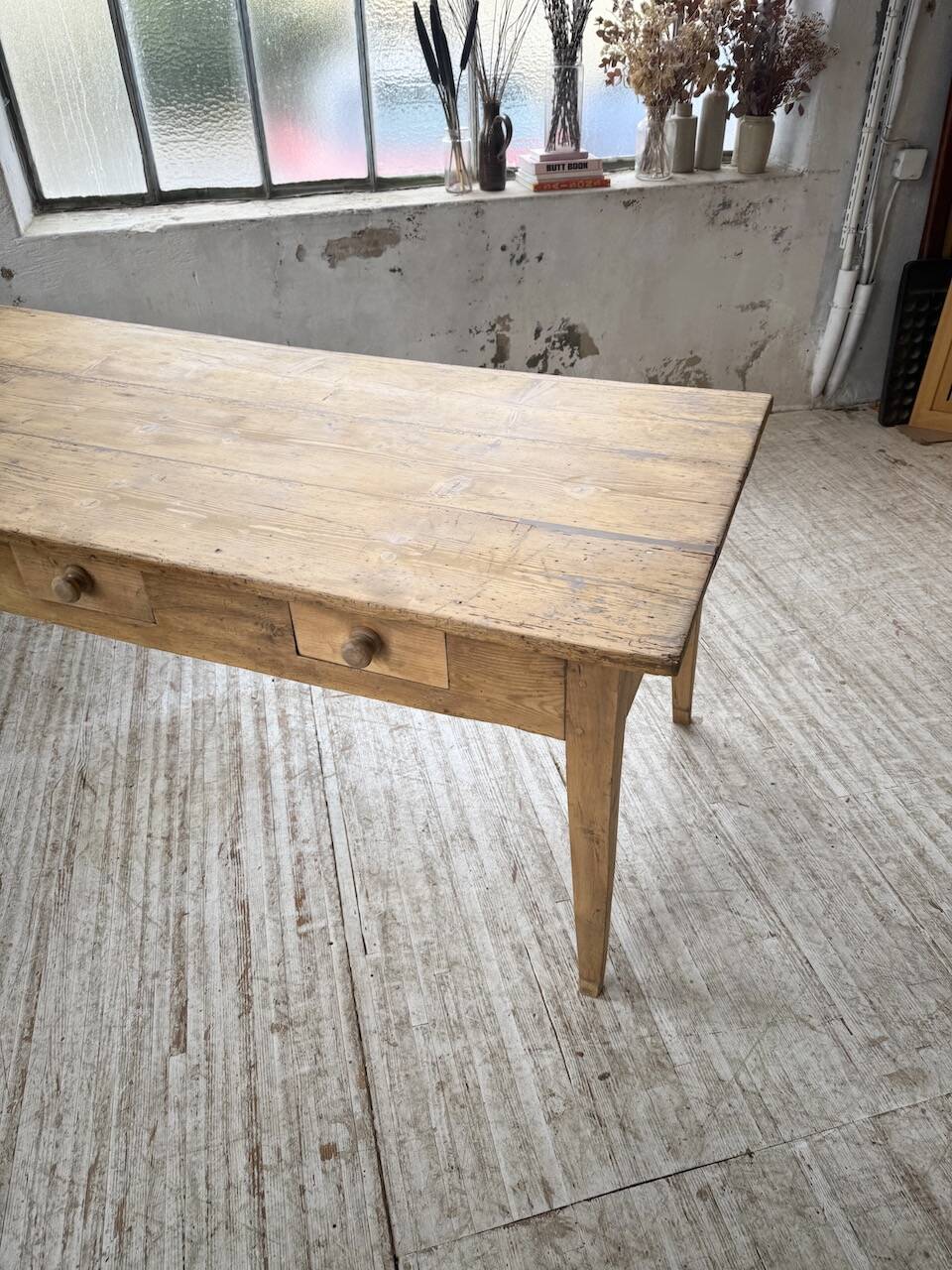 Pine and oak farmhouse table with multiple drawers, communal type, 240cm.