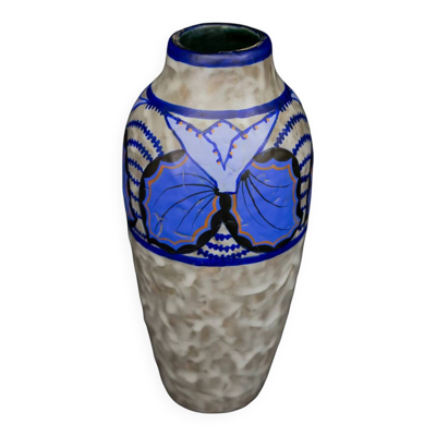 Vase Art déco en grès émaillé de Louis Dage, motifs papillon, circa 1930