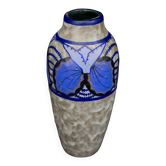 Vase Art déco en grès émaillé de Louis Dage, motifs papillon, circa 1930