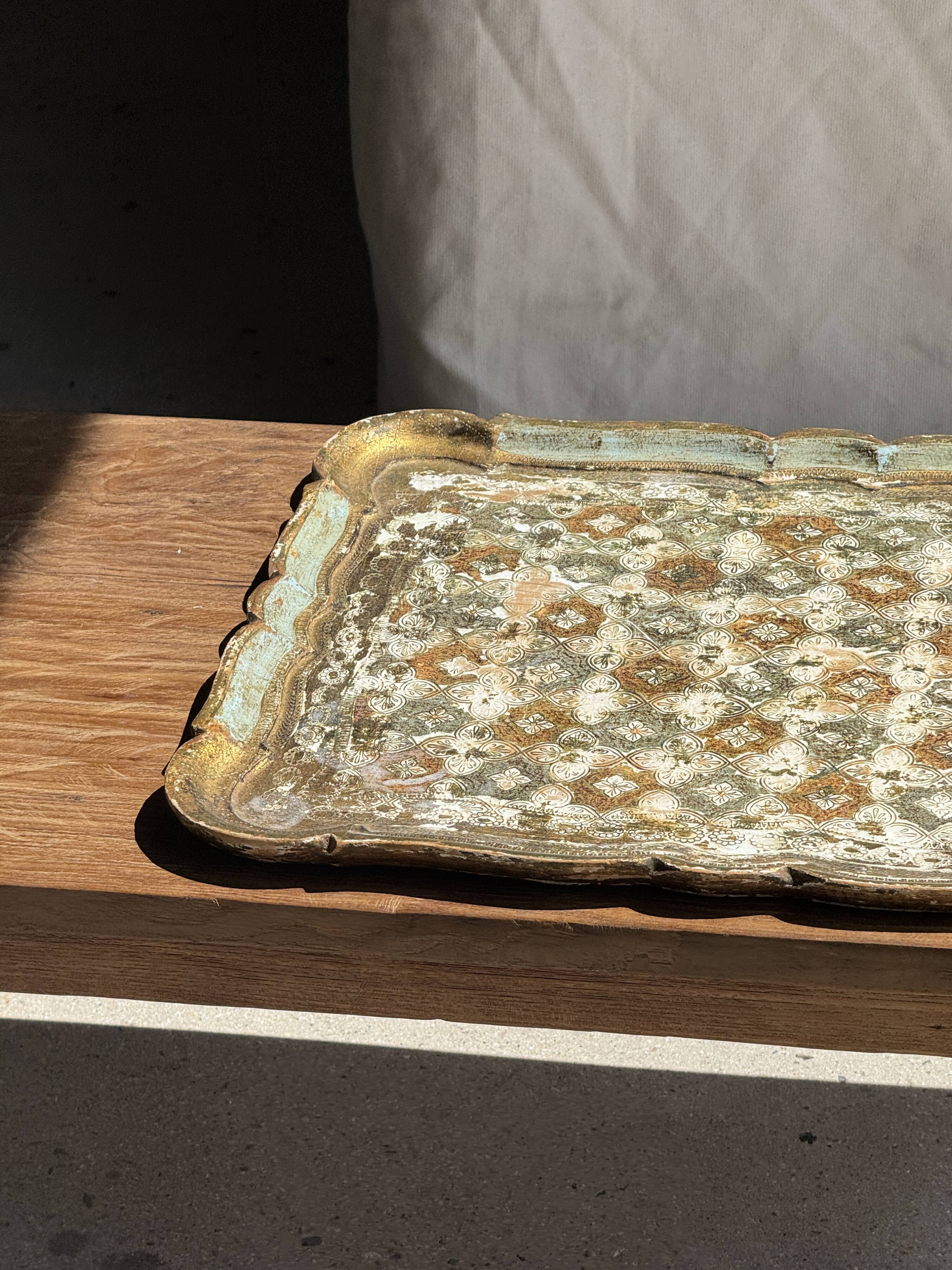Large wooden tray hand-painted with blue and gold floral ornaments L48x38