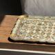 Large wooden tray hand-painted with blue and gold floral ornaments L48x38