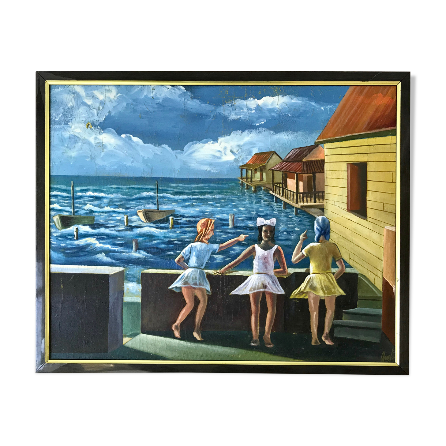 Tableau ancien mer enfants signé vintage