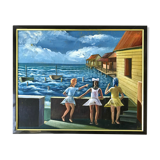 Tableau ancien mer enfants signé vintage