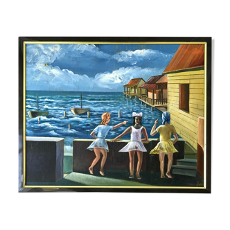 Tableau ancien mer enfants signé vintage