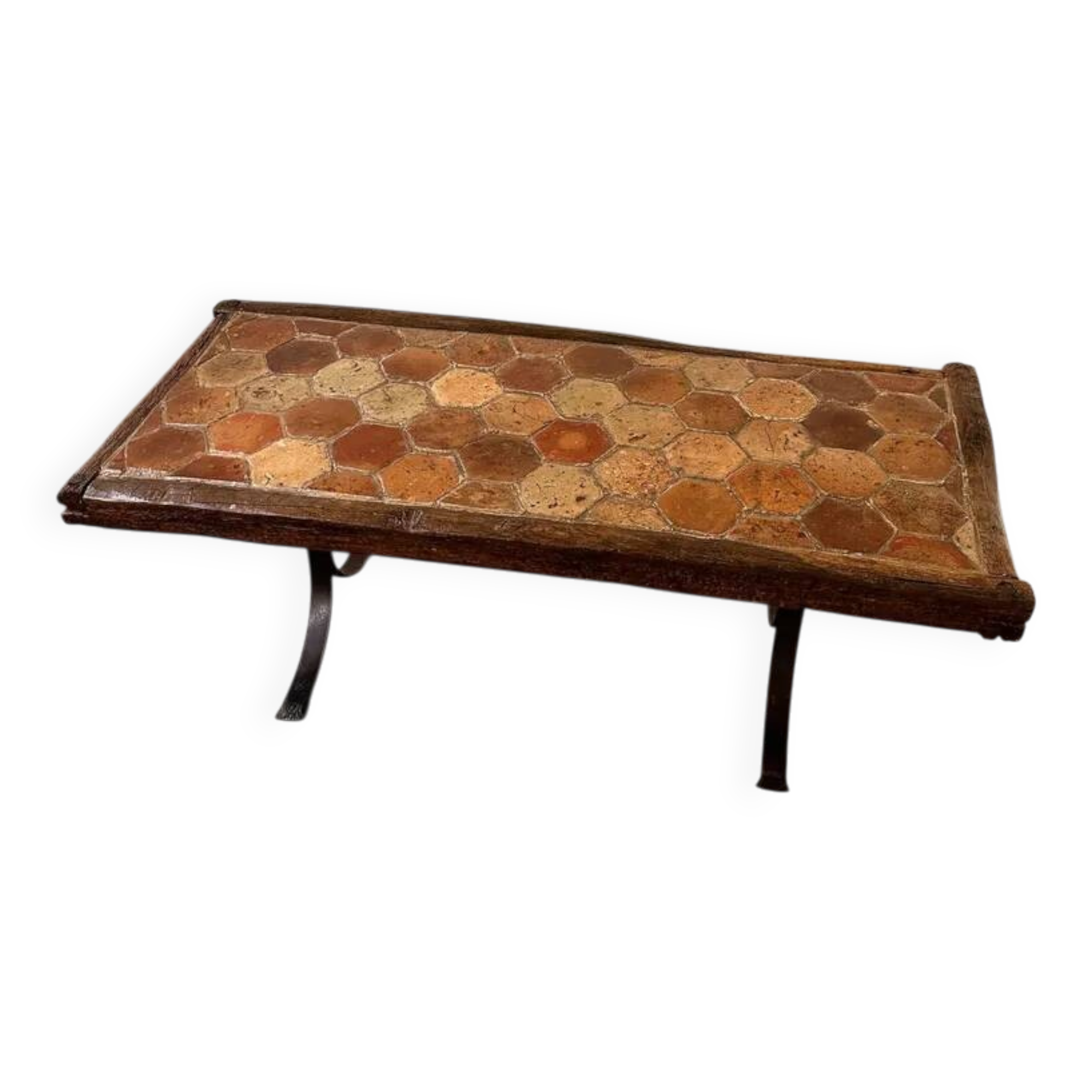 Vintage French Coffee Table in Terracotta with Oak and Iron Legs, Mid-20th Century