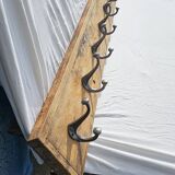 Teak coat rack with 8 double cast iron hooks