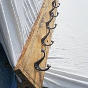 Teak coat rack with 8 double cast iron hooks