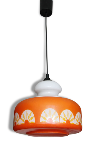 Lampe Lustre suspension vintage Space age verre de lait orange blanc |  Selency