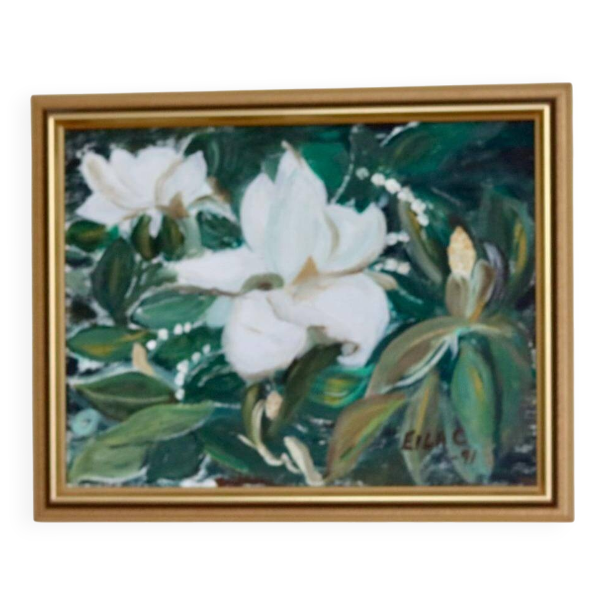 Huile sur toile « Motifs floraux » par Eila C, Suède milieu XXème