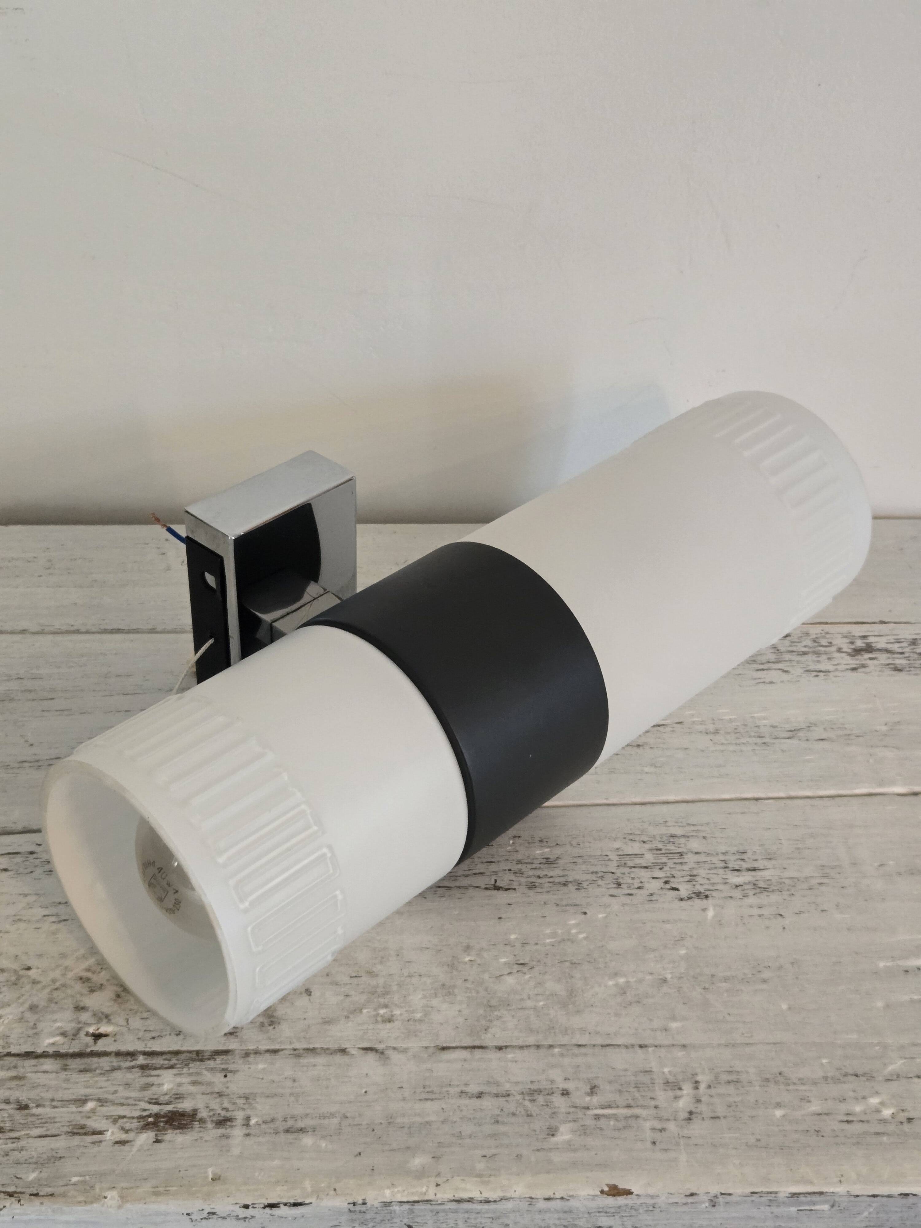 Double cylindrical wall light in metal and opaline glass - vintage 1970s design