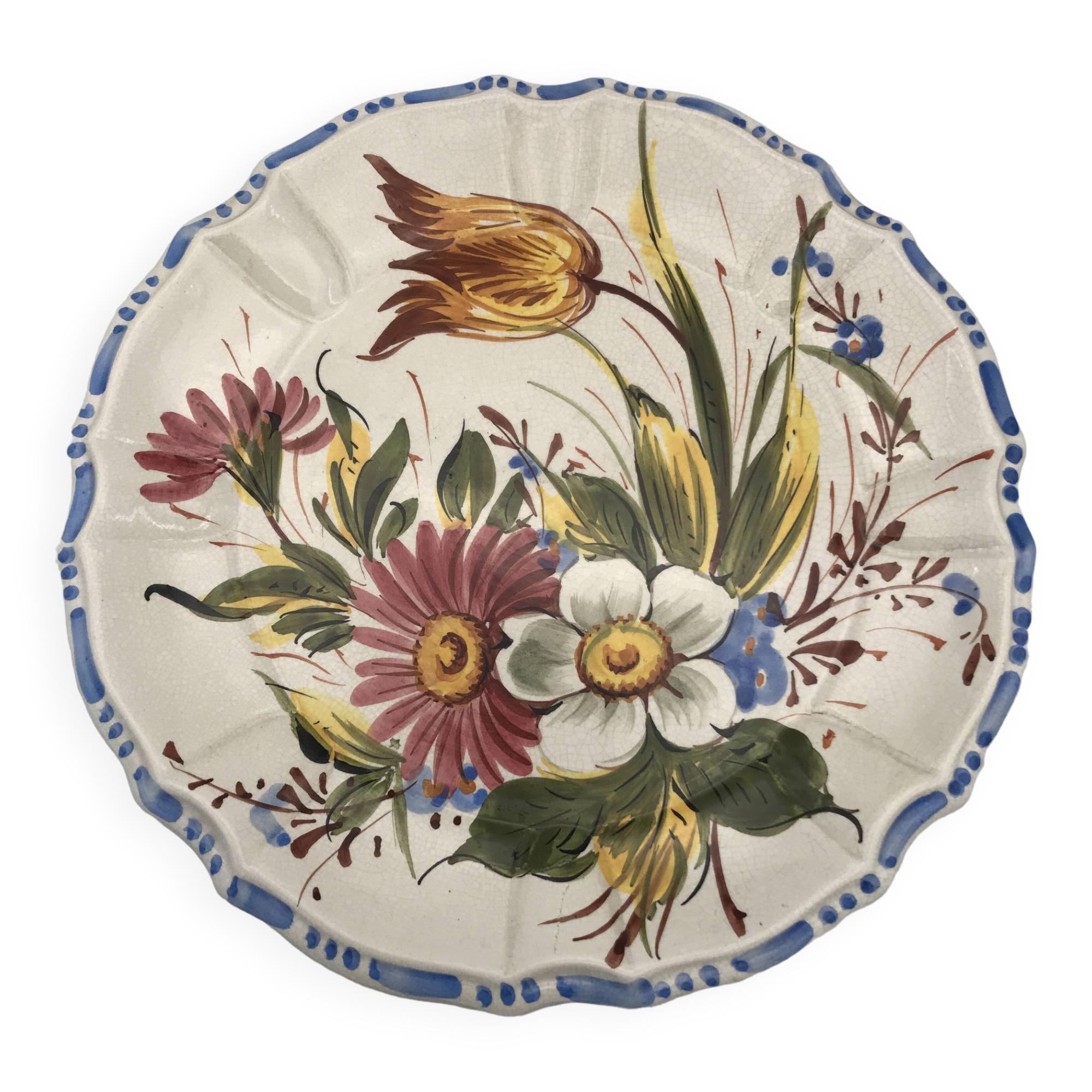 Earthenware wall plate signed bassano, italy, polychrome floral painting decoration
