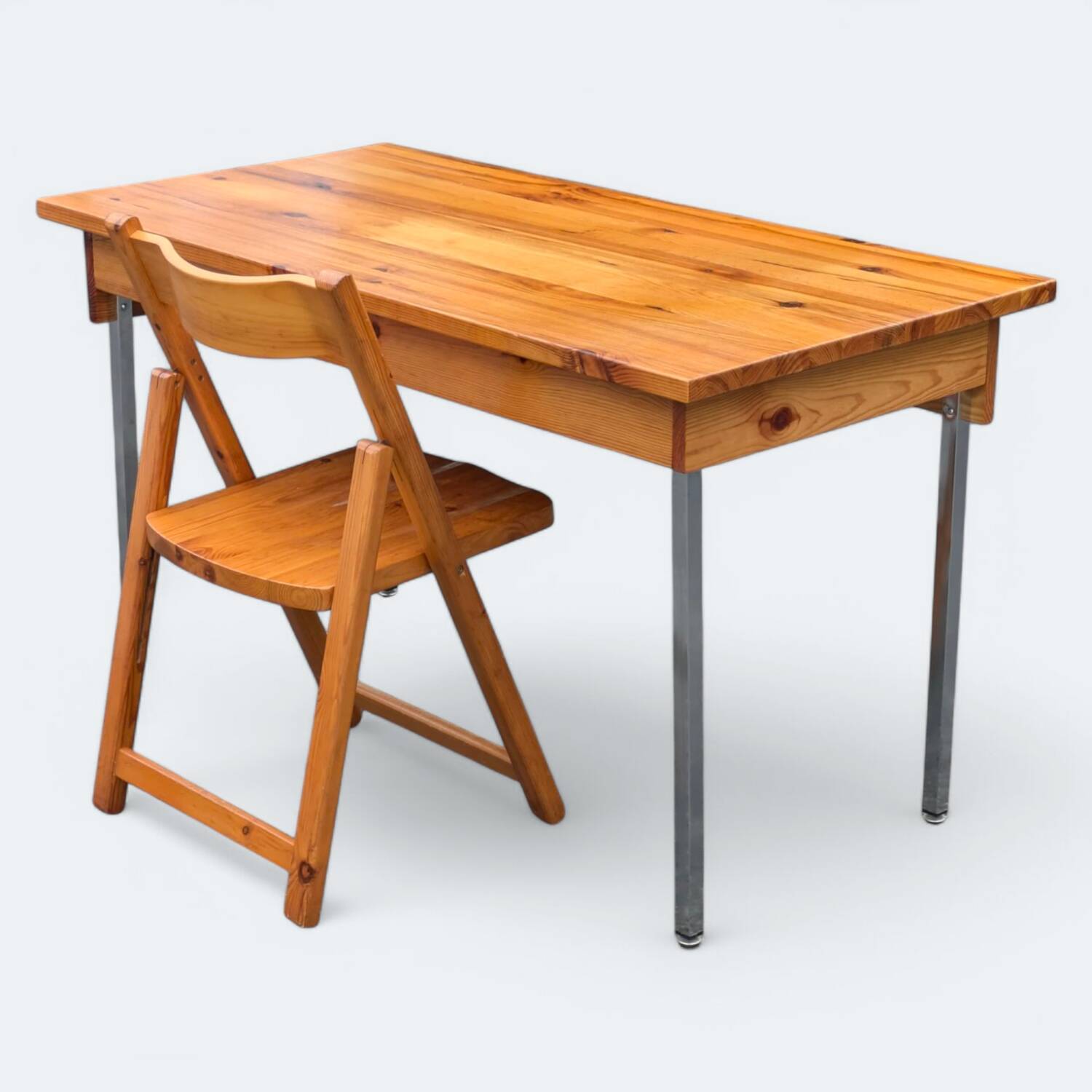 Vintage solid pine & chrome steel desk, 1970s