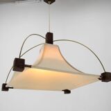 Lustre Design en Bois, Laiton et Tissu, 1980s