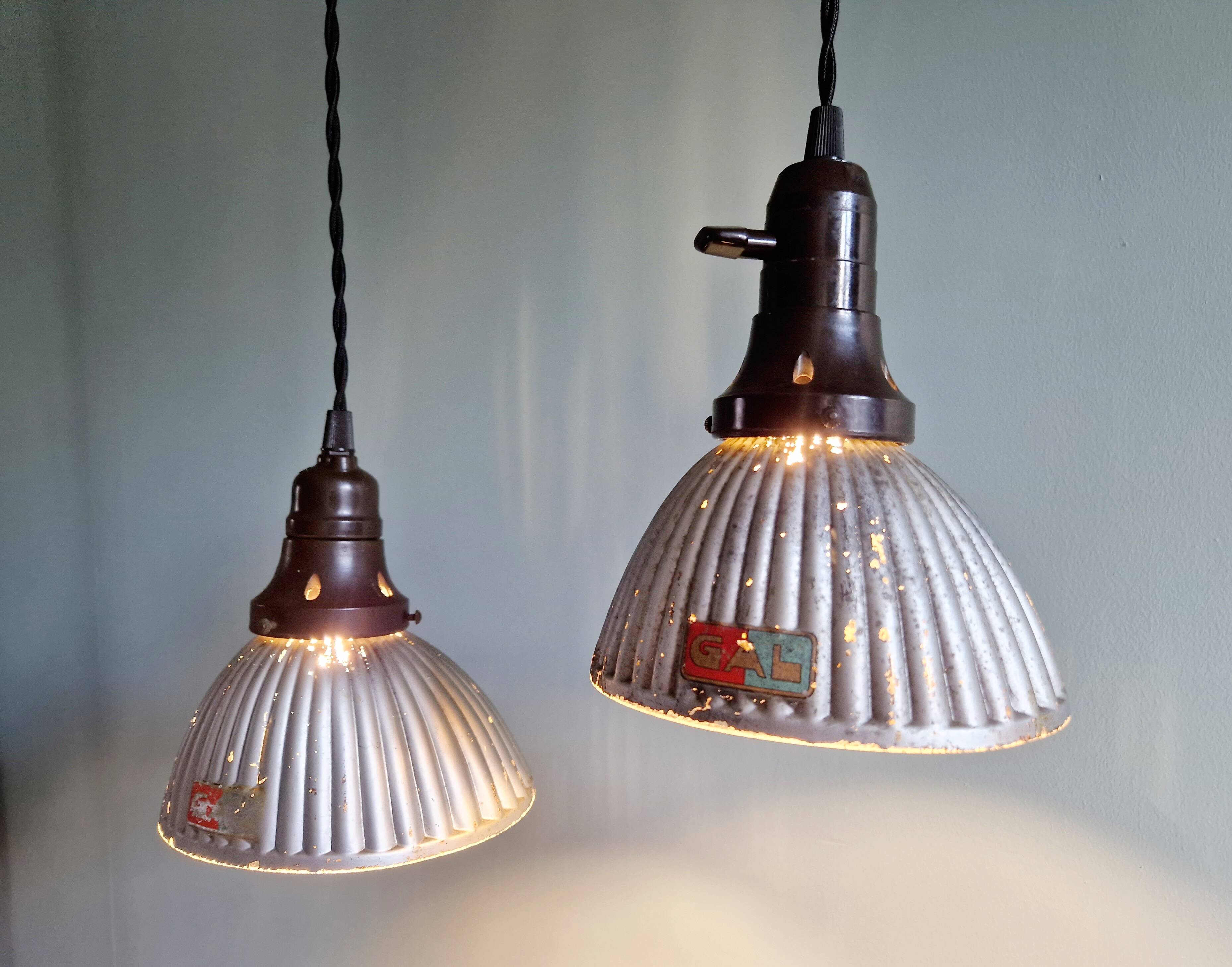 Set of 3 industrial mercury glass pendant lights, GAL (France), 1930s