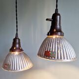 Set of 3 industrial mercury glass pendant lights, GAL (France), 1930s