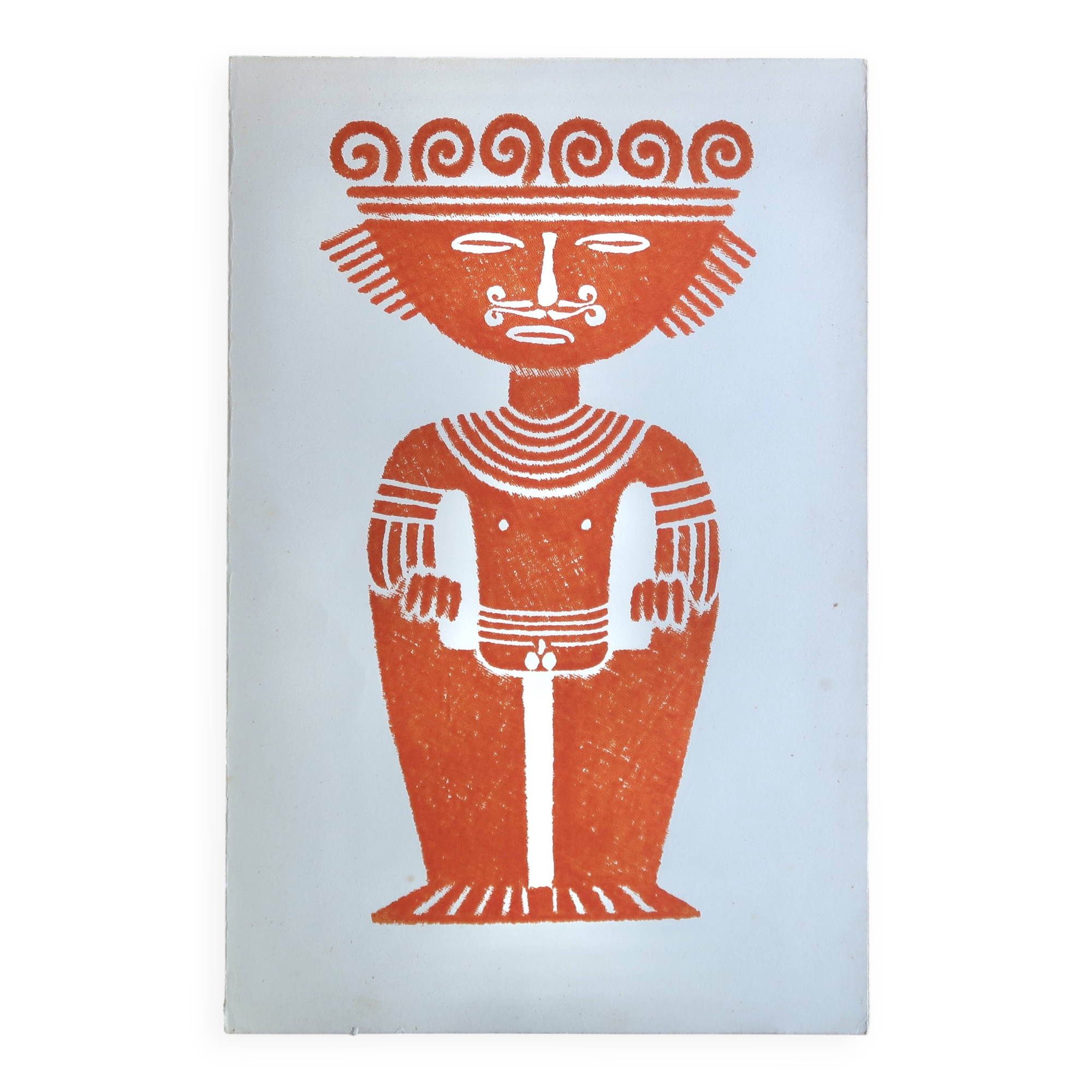 Original Pre-Columbian print, Aztecs Colombia folk 60s