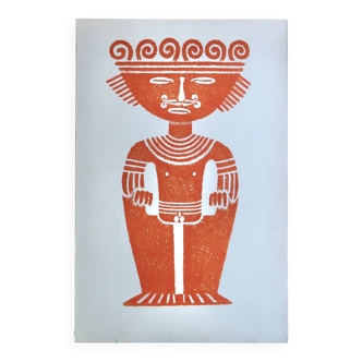Original Pre-Columbian print, Aztecs Colombia folk 60s