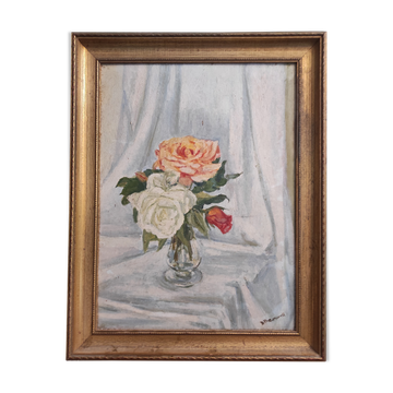 Peinture à l’huile vintage de fleurs signées Bramwell