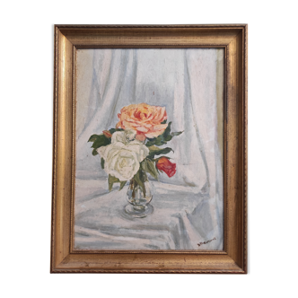 Peinture à l’huile vintage de fleurs signées Bramwell