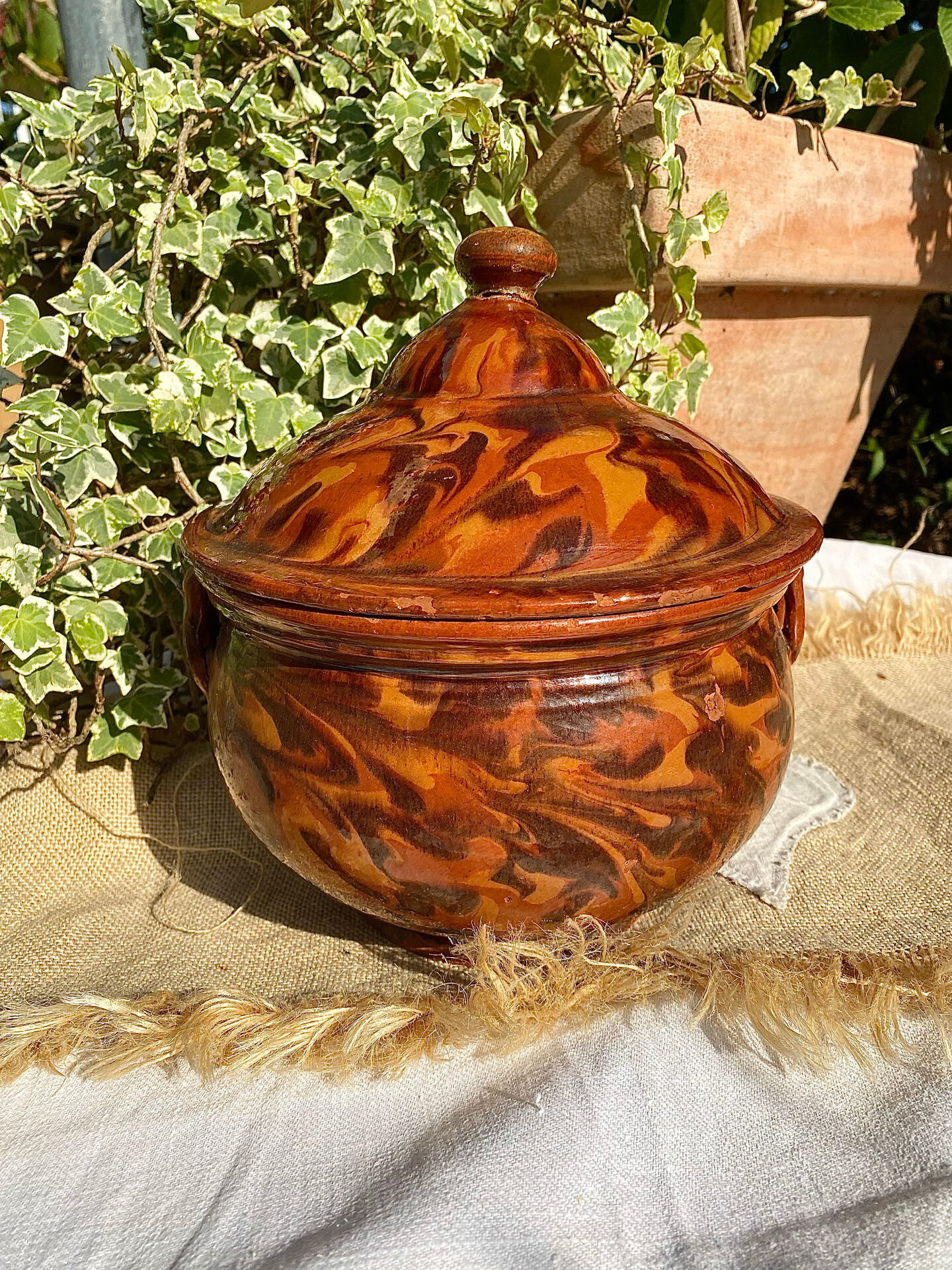 Antique marbled glazed earthenware soup tureen from the southwest, 18th century.