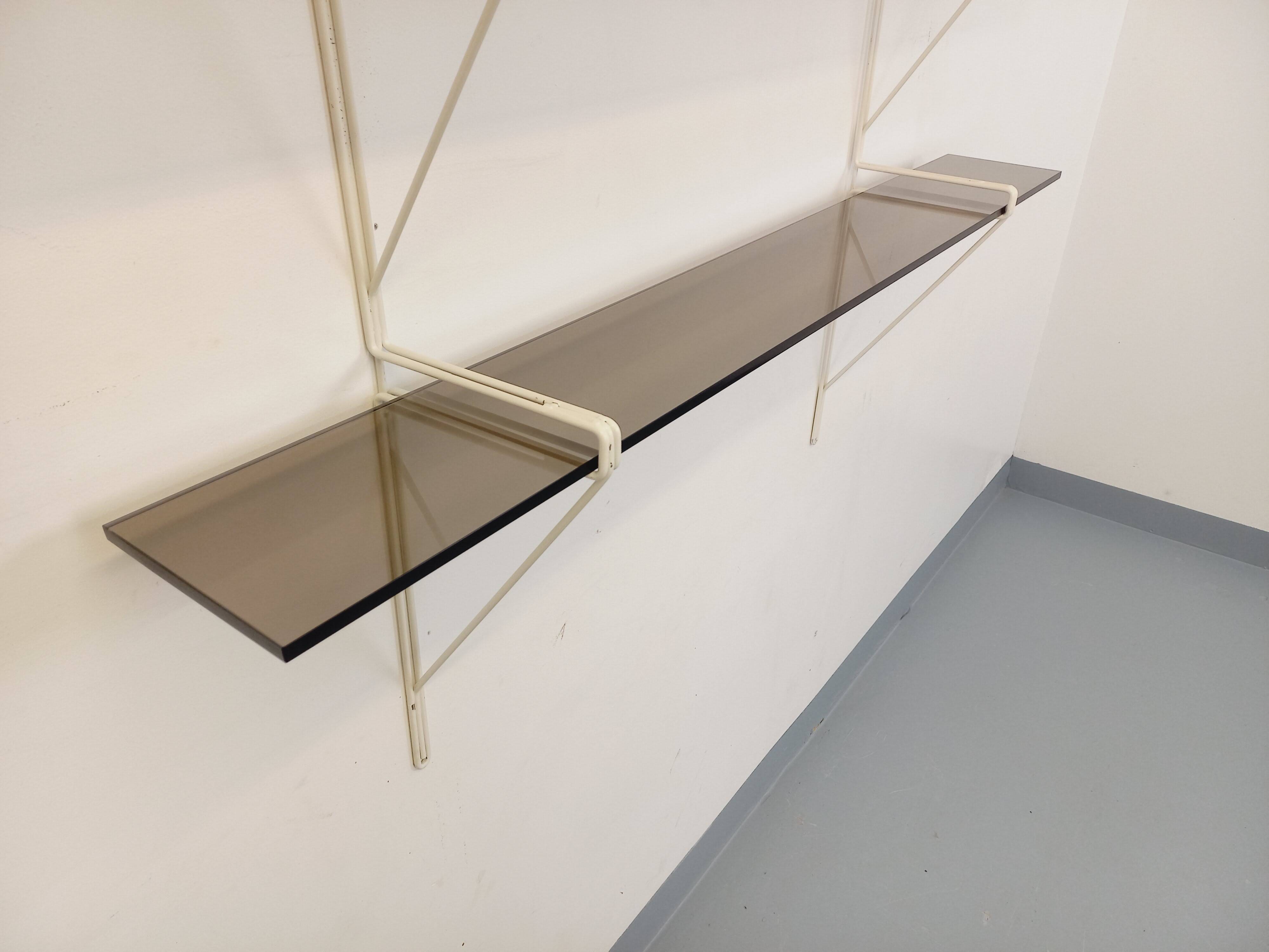 Large vintage wall shelf in smoked glass and white metal in String style.
