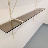 Large vintage wall shelf in smoked glass and white metal in String style.
