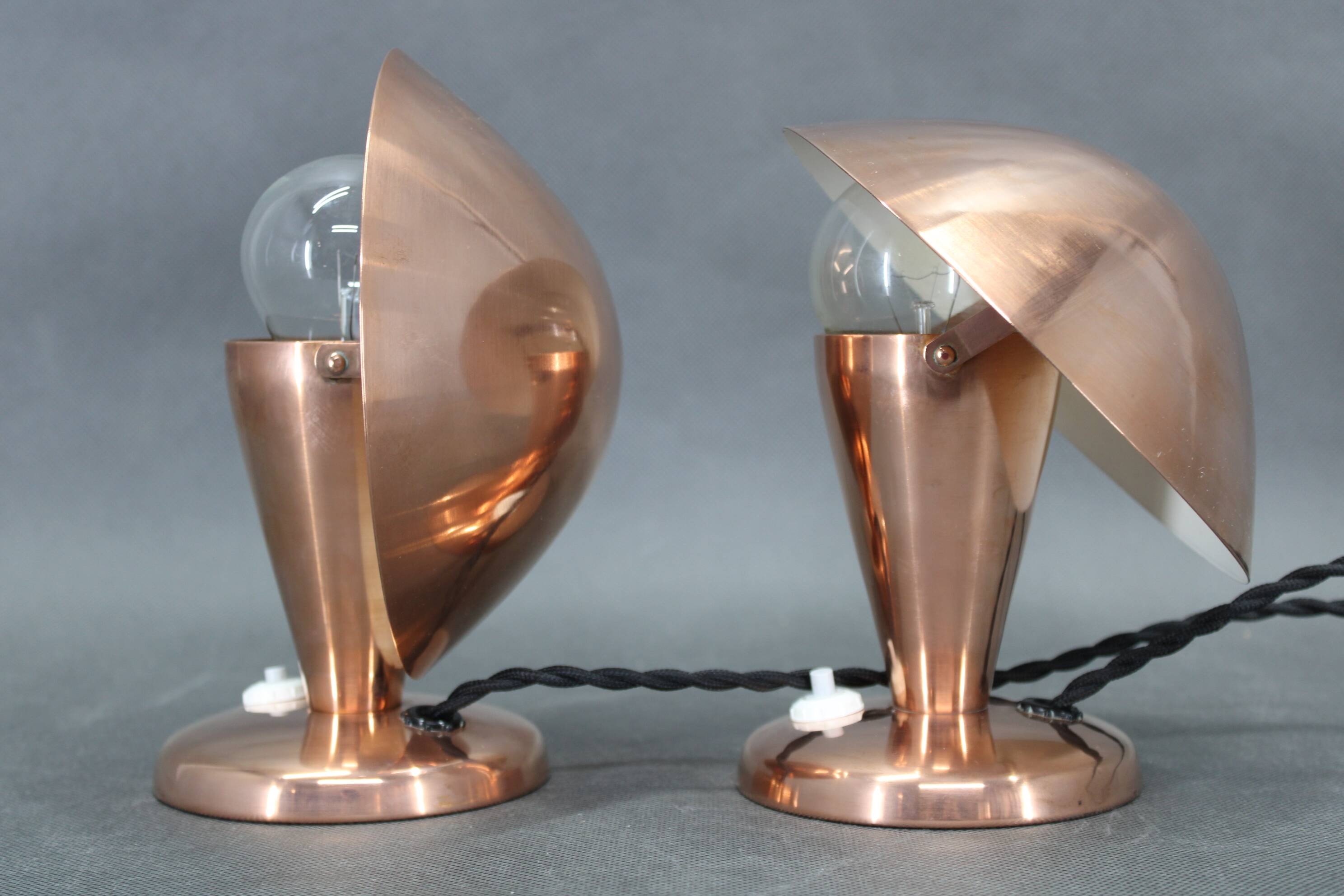 1930s Pair of Bauhaus Mushroom Table Lamps in Copper Finish, Czechoslovakia