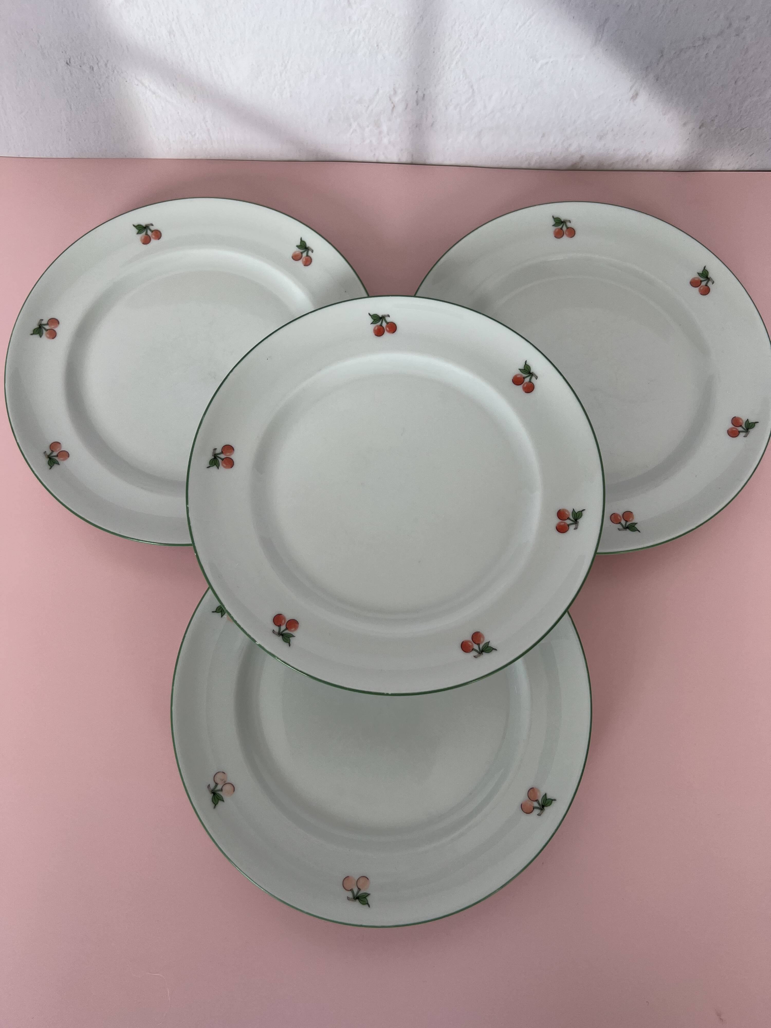 Vintage - Bol Passoire Et Assiette à Cerise En Barbotine, Liseré Vert, Céramique