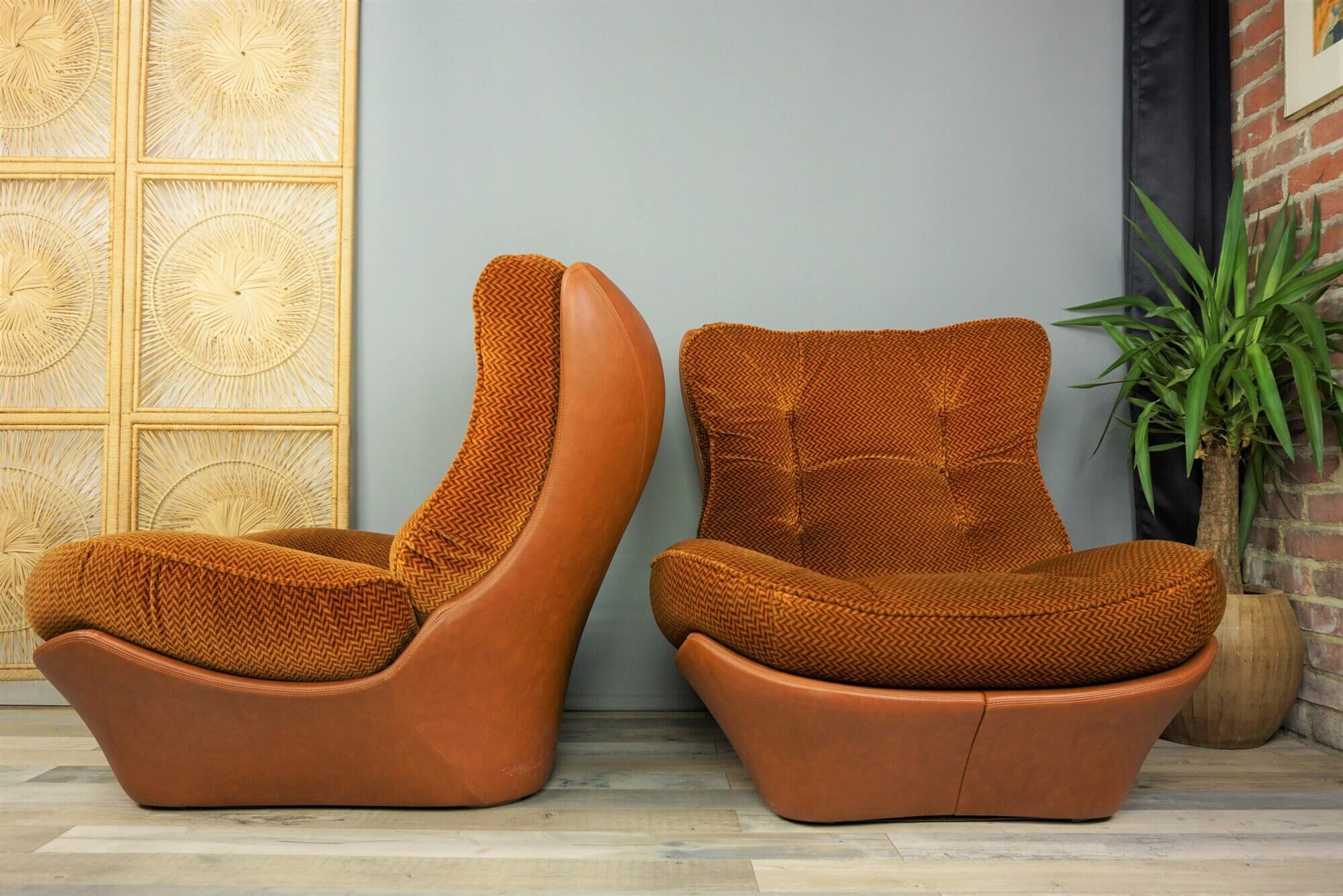 Pair of armchairs in imitation leather cognac and velvet model Orsay by Beka