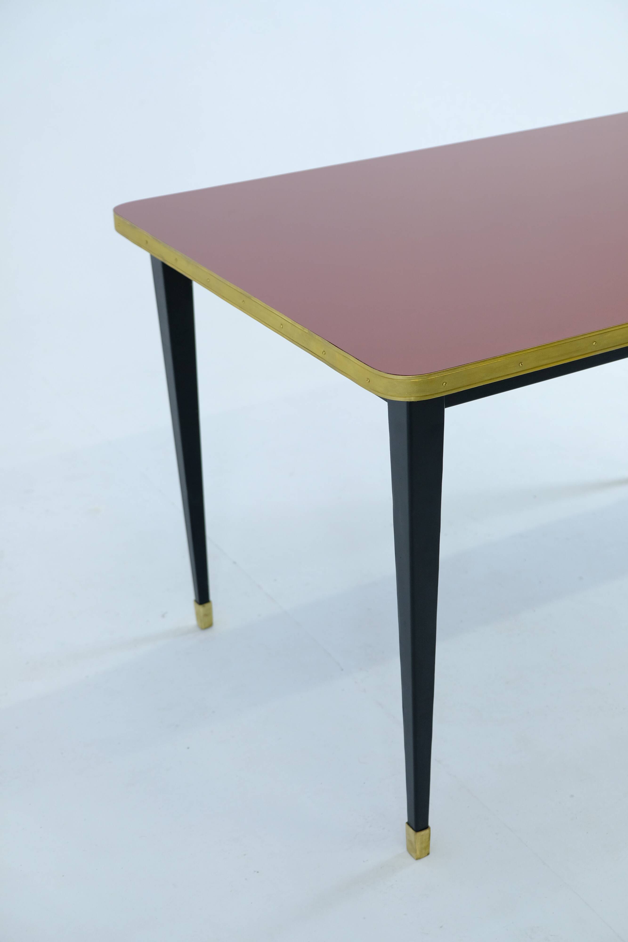 Dining Table, High Gloss Laminate, Brass, Tapered Legs, Burgundy - S