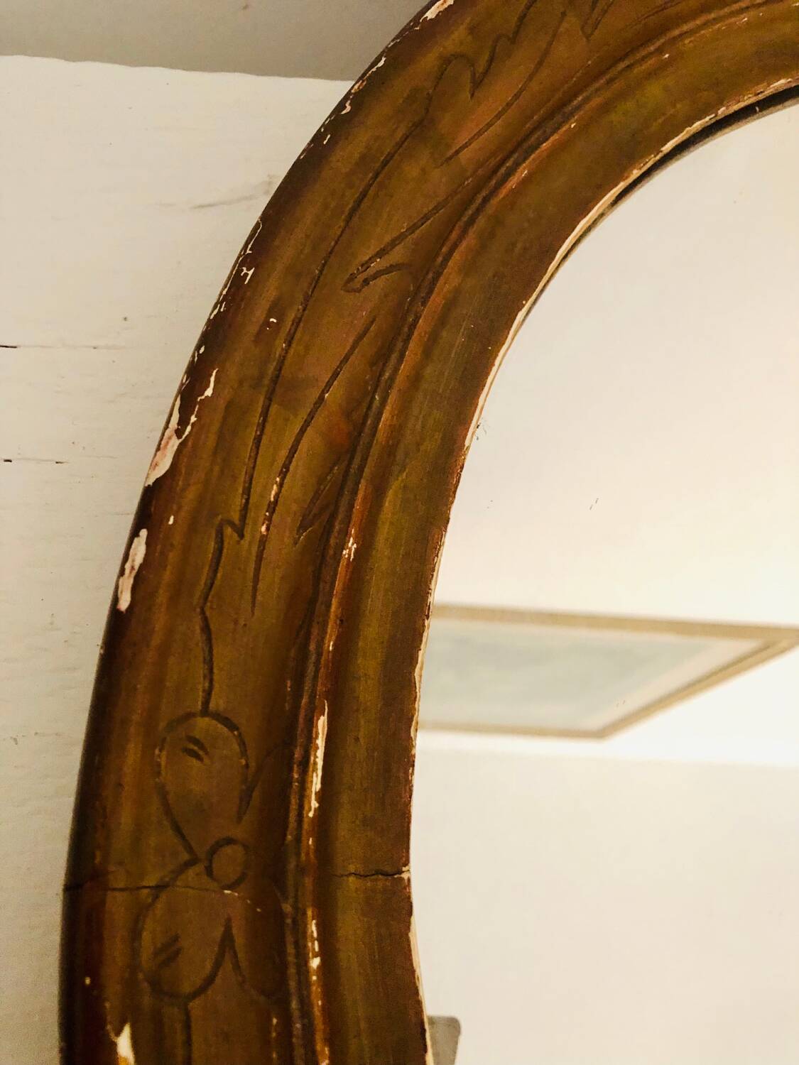 Old art deco oval wooden mirror