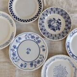 6 vintage dessert plates signed mismatched blue and white porcelain tableware - Lot E