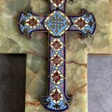 Wall cross with a holy water font in enamel and onyx, 19th century.