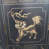 Chinese screen in black lacquer and marble stone