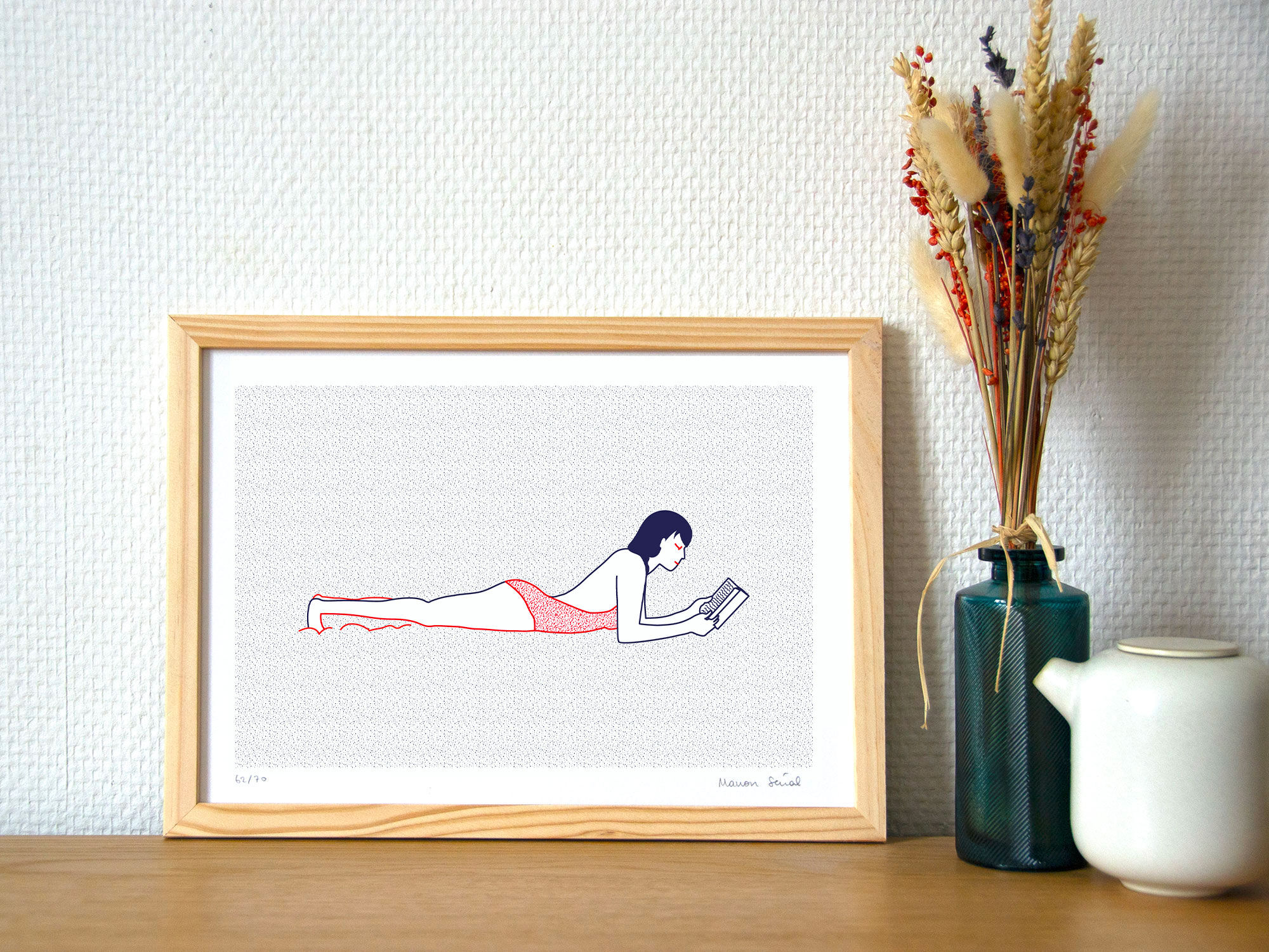 Naiade No. 4/8 - Illustration. A4 21 x 29.7. Le Croisic, sea, Brittany, reader, book, blue, red