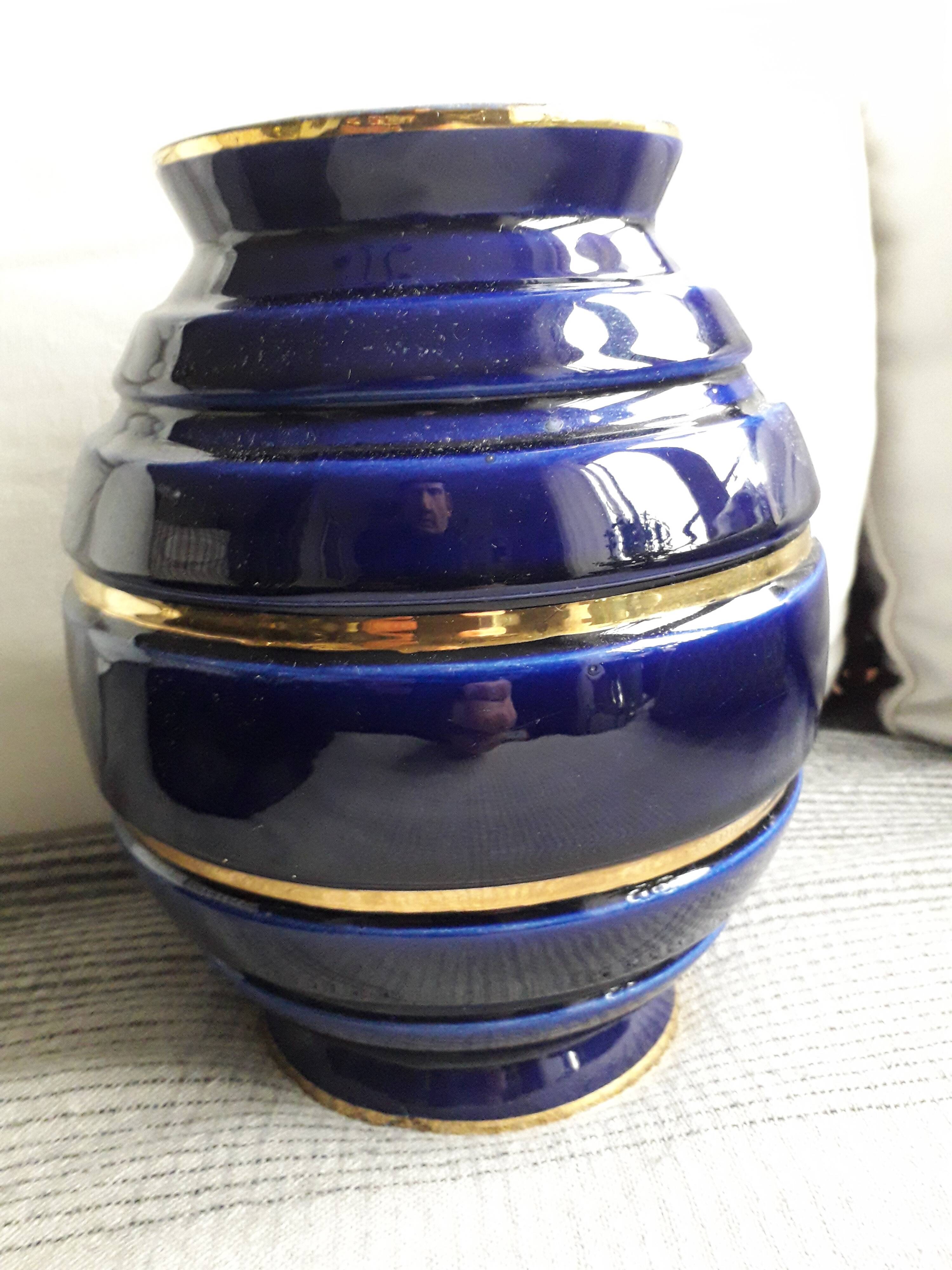 Large vintage blue and gold ceramic vase