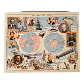 Affiche ancienne carte du pôle nord et du pôle sud - jp pinchon - 1950