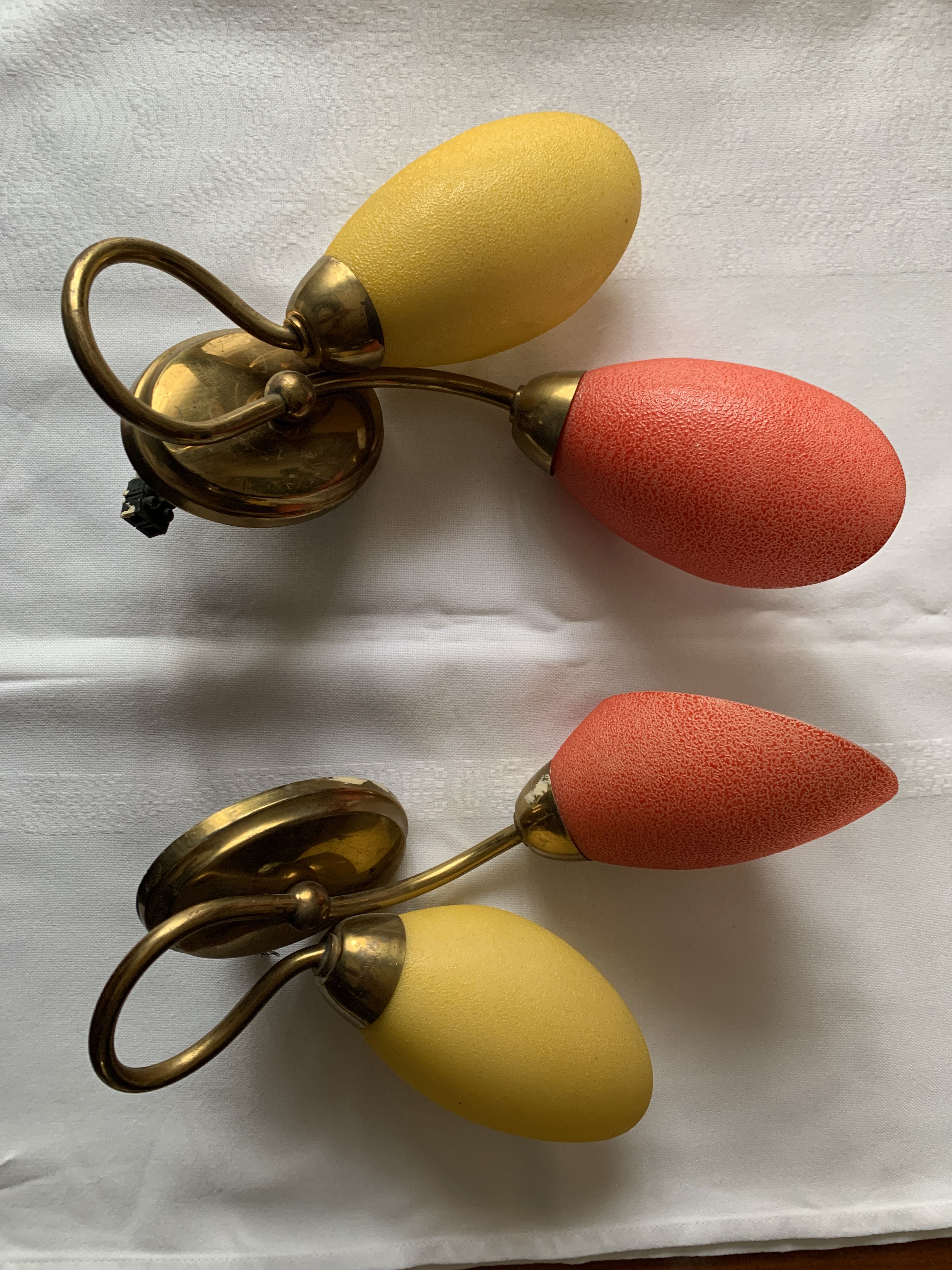Pair of double wall lamp in brass and opaline year 1960 bi-color