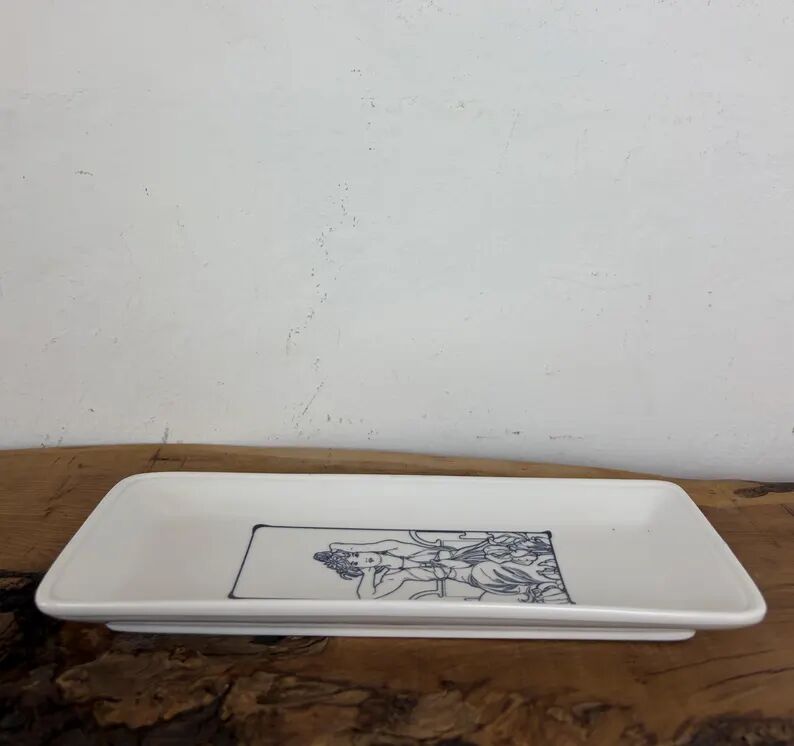 Vintage Mid-Century Ring Dish, Porcelain Tray featuring Alphonse Mucha’s "Amethyst"