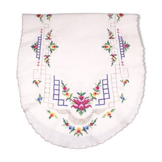 Nice old table center embroidered with cross-stitch flowers