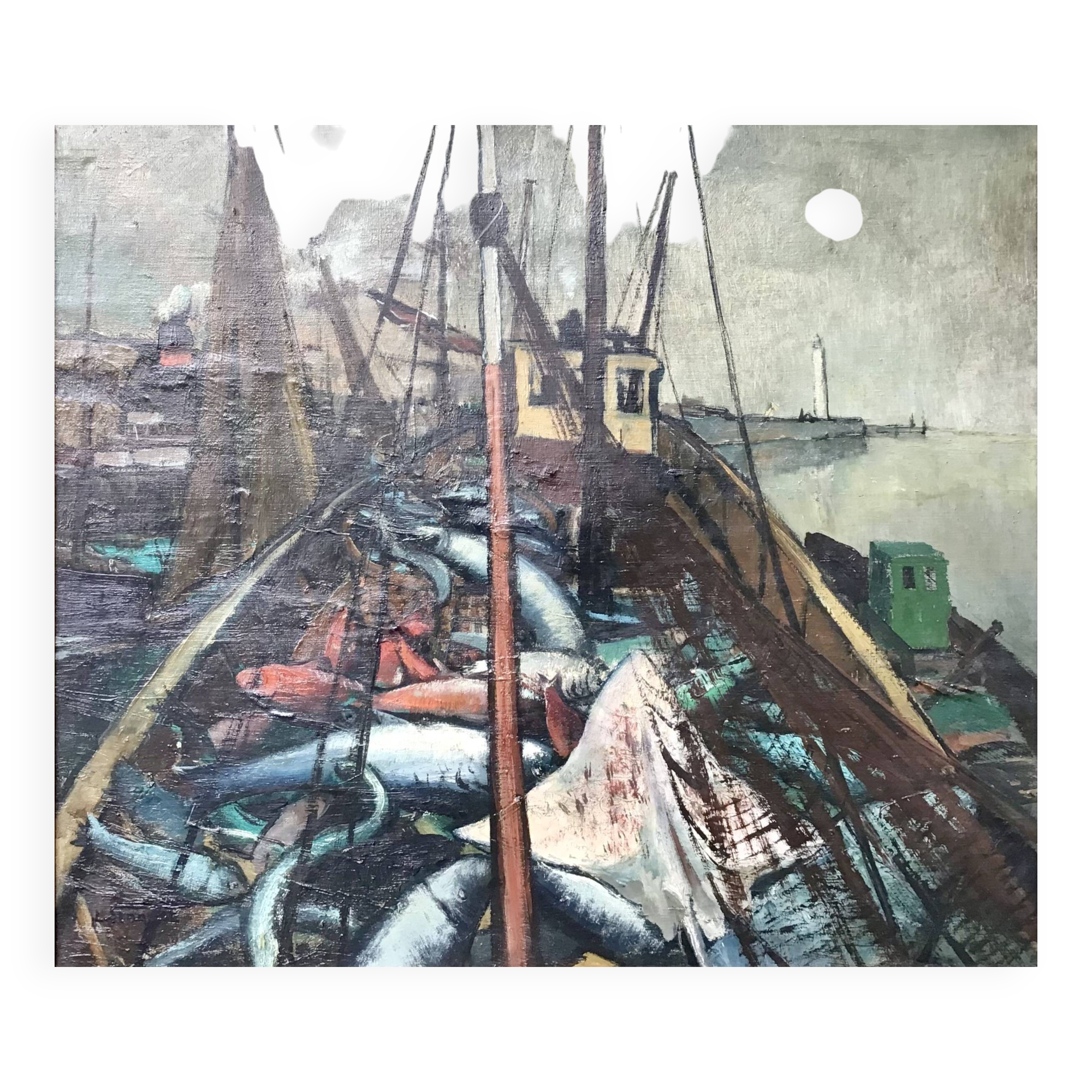 Oil on canvas - “The deck of the trawler returning from fishing” by Lucien Staquet (1911-1989)