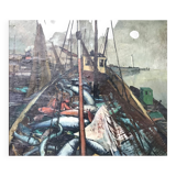 Oil on canvas - “The deck of the trawler returning from fishing” by Lucien Staquet (1911-1989)