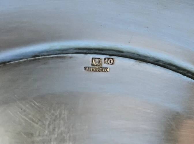 Antique round hollow metal silver plated dish st medard signed