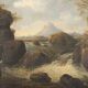 Old painting of a landscape with a river, oil on canvas, 19th century.