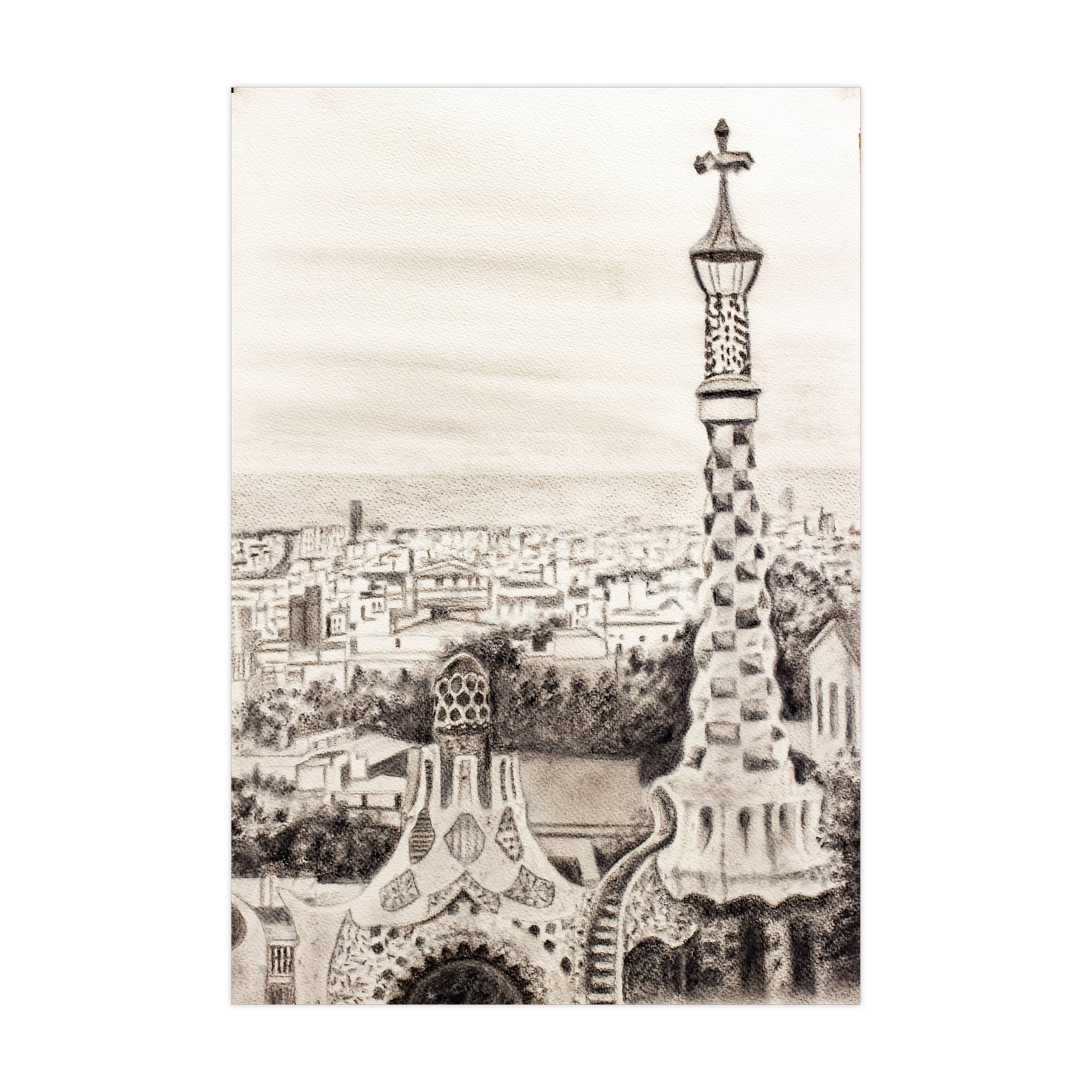 CHARCOAL DRAWING OF BARCELONA VIEW OF PARK GUELL. CITYSCAPE OF BARCELONA.