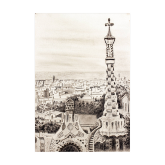 CHARCOAL DRAWING OF BARCELONA VIEW OF PARK GUELL. CITYSCAPE OF BARCELONA.